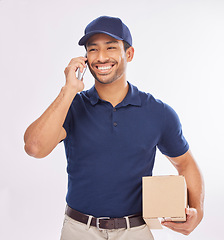 Image showing Phone call, delivery man and courier happy to deliver package as ecommerce talking on a mobile conversation. Shipping, excited and employee or person with parcel using cellphone app for communication