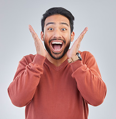 Image showing Surprise, excited and portrait of man happy on white background with emoji, comic and facial expression. Wow mockup, omg and isolated male in studio with good news, celebration and winning success