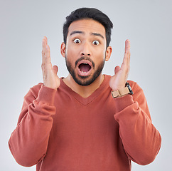 Image showing Surprise, shock face and portrait of man on white background with emoji, comic and facial expression. Wow mockup, omg and isolated male in studio with shocking information, news or announcement