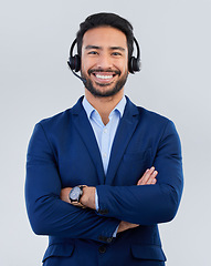 Image showing Call center, customer service and portrait of man with smile for communication, consulting and crm network. Contact us, support mockup and happy male consultant in studio for help, service and sales