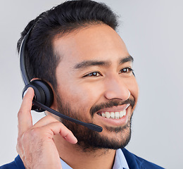 Image showing Call center, microphone and face of man happy for communication, consulting and crm networking. Contact us, customer support mockup and male consultant smile in studio for help, service and sales