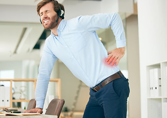 Image showing Back pain, customer support consultant and business man with medical problem, hurt spine or emergency crisis. Backache, call center and telemarketing person with muscle strain, accident and injury