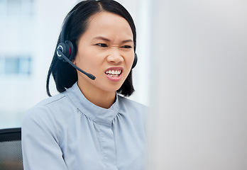 Image showing Customer service communication, computer problem and woman telemarketing on ecommerce, contact us CRM or telecom. Call center mistake, 404 website error and Asian IT consultant with software glitch