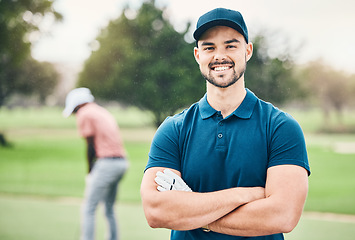 Image showing Golf, sports and portrait of man with smile on course for game, practice and training for competition. Professional golfer, fitness and happy male athlete ready for exercise, activity and recreation