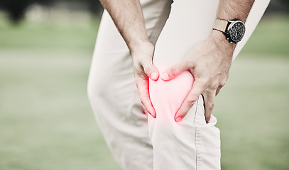 Image showing Sports, injury and golf course, man with knee pain during game, massage and relief in health and wellness. Green, zoom on hands on leg in support and golfer with ache during golfing workout on grass.