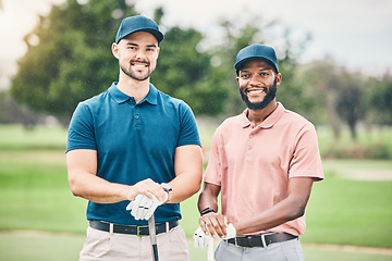 Image showing Golf, sports and portrait of men with smile on course for game, practice and training for competition. Professional golfer, relax and happy friends ready for exercise, fitness activity and golfing