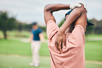 Image showing Golf, sports and black man stretching arms on course for game, practice and training for competition. Professional golfer, fitness and happy male athlete warm up for exercise, golfing and activity