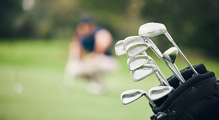 Image showing Golf, sports and golfing club in bag on course for game, practice and training for competition. Professional golfer, sport mockup and closeup of caddy equipment for exercise, activity and recreation