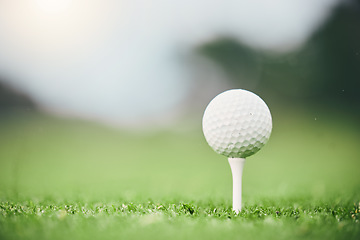 Image showing Sports, golf ball and tee on course in club for competition match, tournament and training. Target, challenge and games with equipment on grass field for practice, recreation hobby and practice