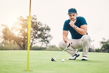 Image showing Thinking, sports and hole with man on golf course for training, competition match and planning. Games, challenge and tournament with athlete playing on field for exercise, precision and confidence