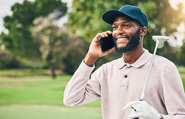 Image showing Black man, phone call and communication on golf course for sports conversation or discussion outdoors. Happy African male smiling and talking on smartphone while golfing for sport hobby in nature