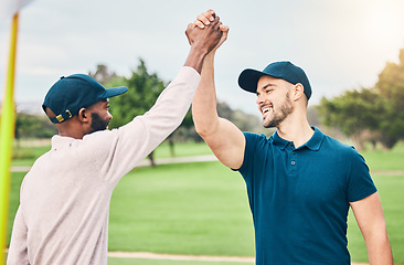 Image showing Man, friends and high five on golf course for sports, partnership or trust on grass field together. Happy sporty men shaking hands in air for collaboration, good match or game in competition outdoors