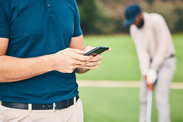 Image showing Man, hands and phone in social media on golf course for sports, communication or networking outdoors. Hand of sporty male chatting or texting on smartphone mobile app for golfing research or browsing