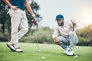 Image showing Planning, sports and golf with black man on field for training, competition match and thinking. Games, challenge and tournament with athlete playing on course for exercise, precision and confidence