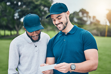 Image showing Golf, smile and men with sports scorecard for recording or writing match, competition or game results. Golfing course, fitness and happy people or friends with card or paper to record goals on field.