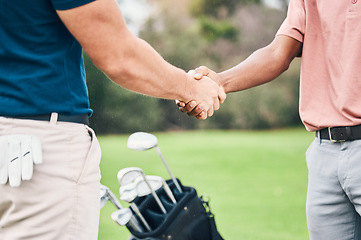 Image showing People, handshake and golf sport for partnership, trust or unity in community, collaboration or teamwork on grass field. Team of sporty players shaking hands on golfing course for club, game or match