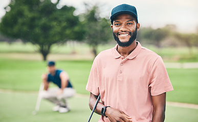 Image showing Golf, sports and portrait of black man with smile on course for game, practice and training for competition. Professional golfer, fitness and happy male athlete for exercise, fun activity and golfing