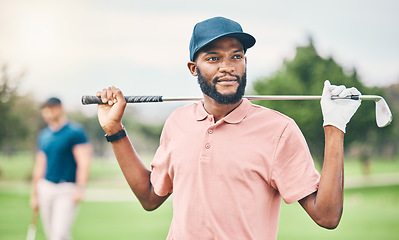 Image showing Golf, sports and black man on course with golfing club for game, practice and training for competition. Professional golfer, relax and happy male athlete ready for exercise, activity and recreation