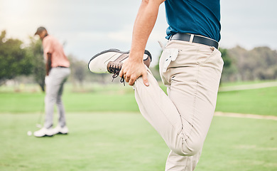 Image showing Golf, sports and man stretching legs on course for game, practice and training for competition. Professional golfer, fitness and male athlete warm up for exercise, activity and golfing recreation