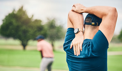 Image showing Golf, sports and man stretching arms on course for game, practice and training for competition. Professional golfer, fitness and back of male athlete warm up to exercise, activity and outdoor golfing