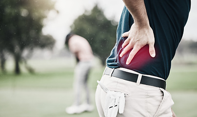 Image showing Sports, injury and golf, man with back pain during game on course, massage and relief in health and wellness. Green, hands on spine in support and golfer with body ache during outdoor golfing workout