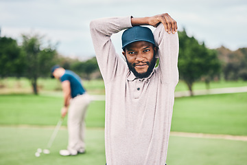 Image showing Golf, sports and portrait of black man stretching on course for game, practice and training for competition. Professional golfer, happy and male athlete warm up for exercise, activity and golfing