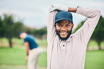 Image showing Golf, smile and portrait of black man stretching arms on course for game, practice and training for competition. Professional golfer, sports and happy male athlete for exercise, activity and golfing