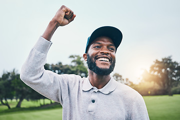 Image showing Sports man, golf and celebrate win outdoor on field or course with pride and smile on face. Black male player or golfer with hand for celebration of success, victory or winning with par at club