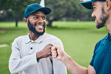 Image showing Man, friends and fist bump on golf course for sports, partnership or trust on grass field together. Happy sporty men bumping hands or fists in teamwork collaboration for match, game or competition
