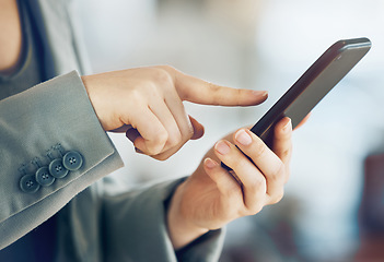 Image showing Social media, communication and typing hands with a phone for email, contact and internet. Business, web and a person on a mobile app for a chat, online conversation and replying to a message