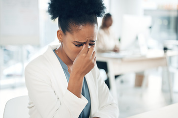 Image showing Black woman, business and stress or depressed in office with a headache and bad mental health. African female entrepreneur burnout, anxiety and frustrated or sad at desk with problem or crisis