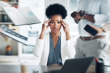 Image showing Stress, headache and portrait of an overworked black woman with burnout, management anxiety and tired. Mental health, chaos and an African employee with people for work, migraine pain and busy