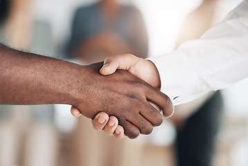 Image showing Hiring, black man or businessman shaking hands in b2b meeting or startup project or financial deal. Teamwork, handshake zoom or African worker with job promotion success or partnership agreement