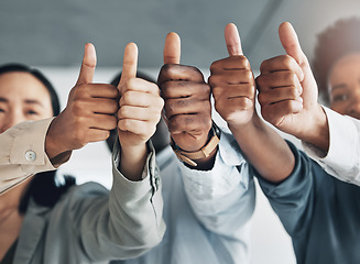 Image showing Hands together, thumbs up and diversity, team and business people, solidarity and agreement with unity in workplace. Corporate community, support and zoom with professional group and collaboration