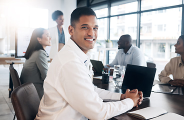 Image showing Portrait, business and man in meeting, success and conversation for new project, group and management. Face, male employee and happy consultant with staff, teamwork and communication for planning