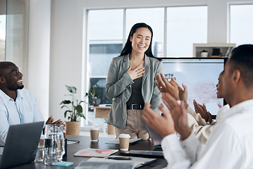 Image showing Presentation success, applause or happy business woman, manager or speaker with growth strategy on screen. Asian presenter, wow or people in seminar or conference audience clapping to support ideas