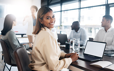 Image showing Business woman in portrait in office meeting with career mindset for online planning on laptop screen mockup for workshop. Face of professional indian person or employee on computer in job conference