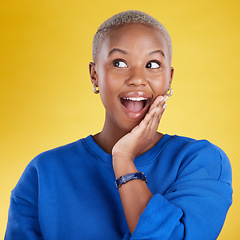 Image showing Wow, thinking and eureka with a black woman in studio on a yellow background looking thoughtful or surprised. Idea, wonder and aha with an attractive young female feeling shocked or contemplative