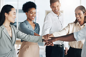 Image showing Team building, hands together or happy business people in meeting or group project for motivation. Diversity, mission or employees in collaboration for our vision, strategy plan or target goals