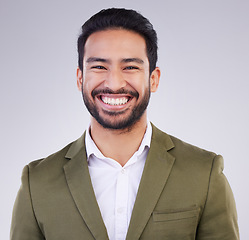 Image showing Smile, happy and portrait of business man in studio for success, confidence mindset and leadership. Corporate manager, startup ceo and excited face of male on white background in professional clothes