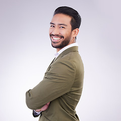 Image showing Happy, crossed arms and portrait of business man in studio for success, confidence mindset and leadership. Corporate manager, ceo and male entrepreneur smile on white background in professional suit