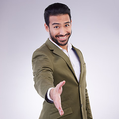 Image showing Thank you portrait of businessman handshake gesture with a smile and happy isolated in a studio white background. Professional, employee and man corporate worker shaking hand offer to welcome