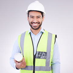 Image showing Portrait of construction worker man isolated on a white background engineering, architecture and design career. Happy face of asian builder, contractor or industrial person with safety gear in studio