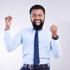 Image showing Success, fist and black man portrait isolated on gray background in celebration for career opportunity, bonus or winning. Winner or business person celebrate corporate promotion or job news in studio