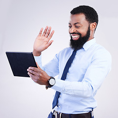 Image showing Tablet, video call and man isolated on gray background in online meeting, global networking and business webinar. African corporate person waves hello on digital tech, virtual communication in studio