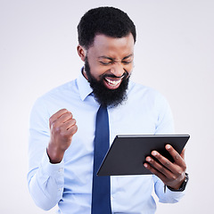 Image showing Winning, tablet and black man isolated on gray background stock market, trading or business bonus, news and success fist pump. Happy person or winner sales, profit or goals on digital tech in studio