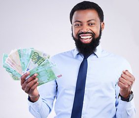 Image showing Winner, money and portrait of black man in studio for lottery investment and wealthy. Success, payment and profit with male holding cash isolated on white background for cashback, salary and rich