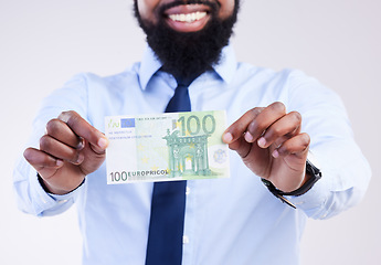 Image showing Winning money, hands or black man happy for lotto award, competition prize fund or cash dollar win. Salary, studio payment or winner of poker, bingo or casino gambling isolated on gray background