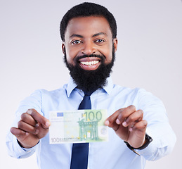 Image showing Winning money, portrait or black man happy for lotto award, studio competition prize or cash dollar bills. Bank loan, salary payment or winner of bonus, profit or sales isolated on white background