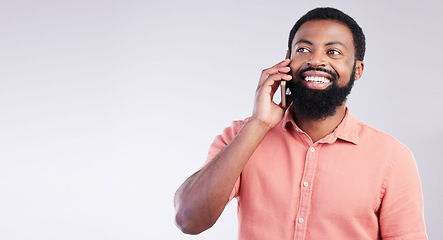 Image showing Phone call communication, studio and black man happy on conversation, discussion or speaking to digital network contact. Networking, consulting and talking person isolated on mockup gray background